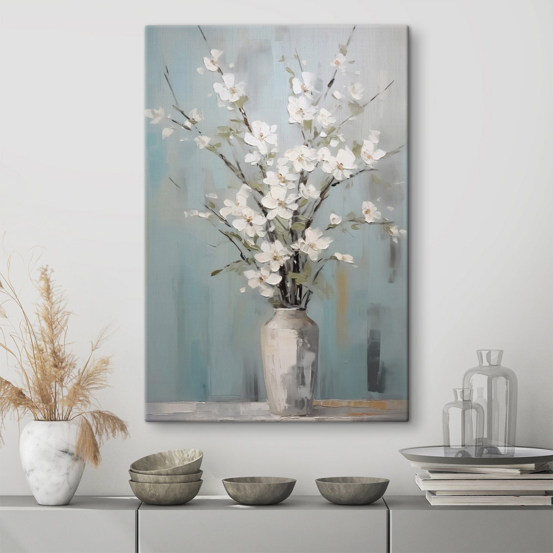 Painting of a vase with white flowers Painting of a vase with white flowers