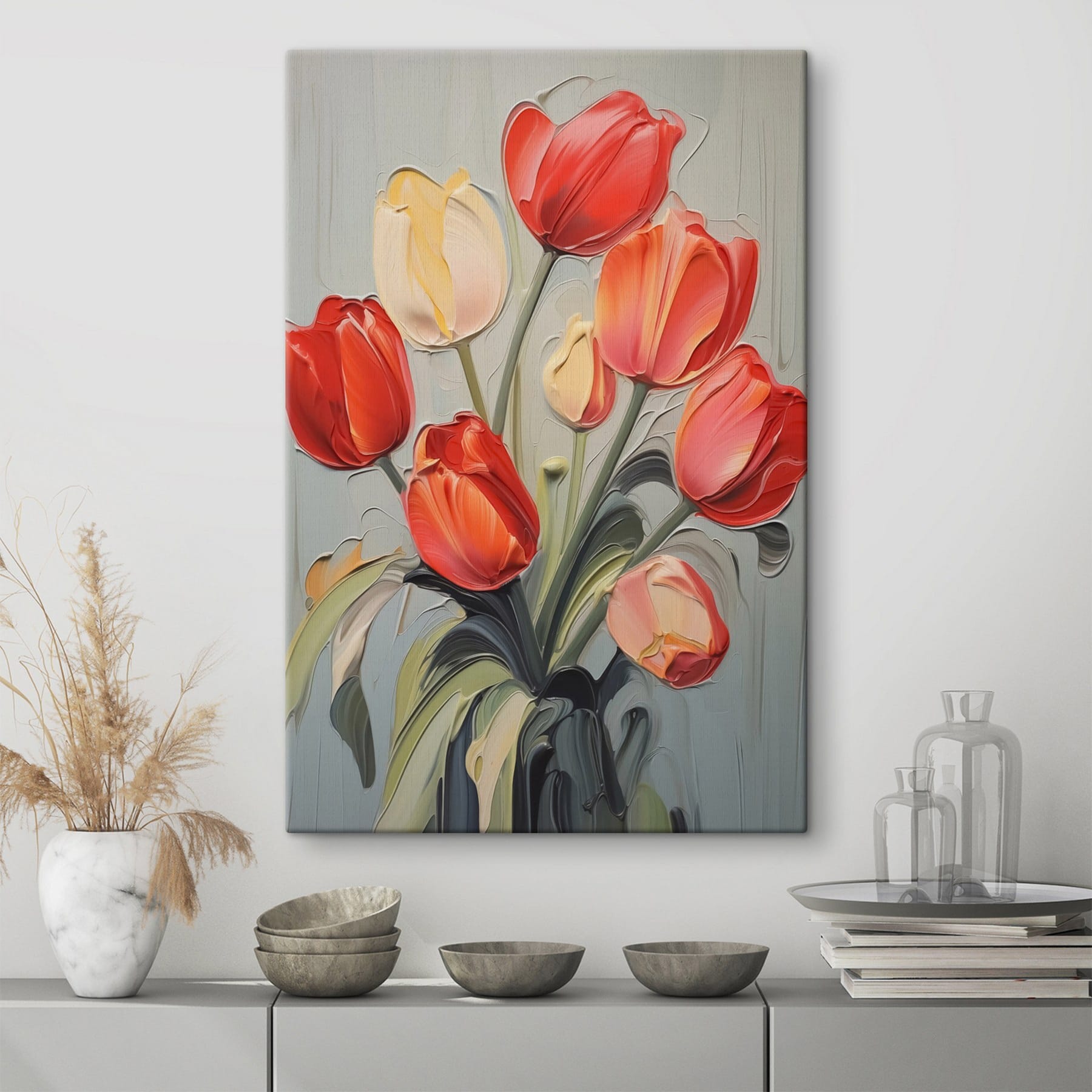 Painting of tulips on a grey background