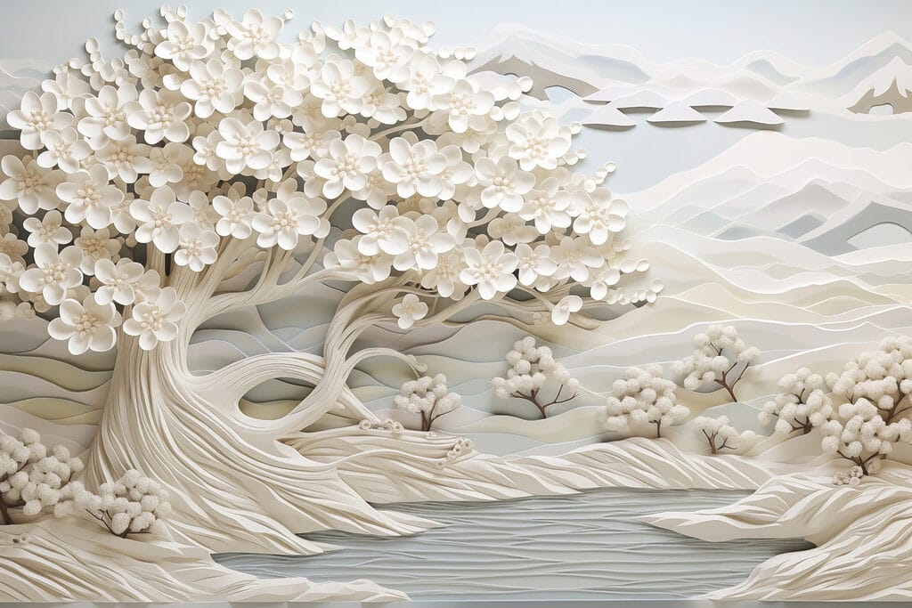 Árbol blanco con flores blancas y un río Árbol blanco con flores blancas y un río