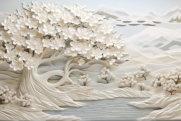 Árbol blanco con flores blancas y un río Árbol blanco con flores blancas y un río