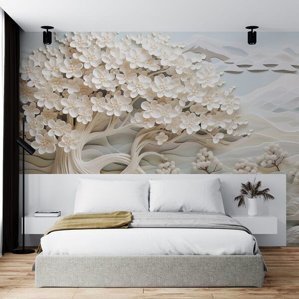 Árbol blanco con flores blancas y un río Árbol blanco con flores blancas y un río