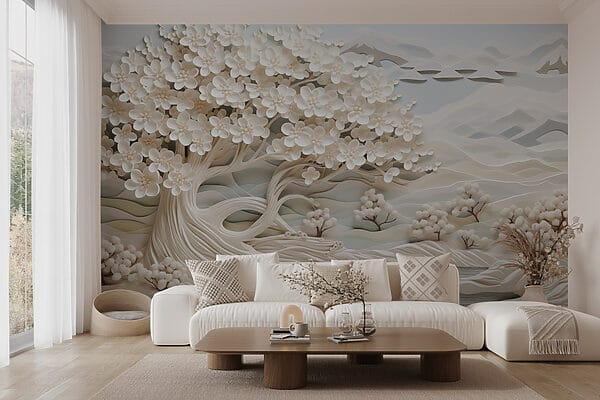 Árbol blanco con flores blancas y un río Árbol blanco con flores blancas y un río