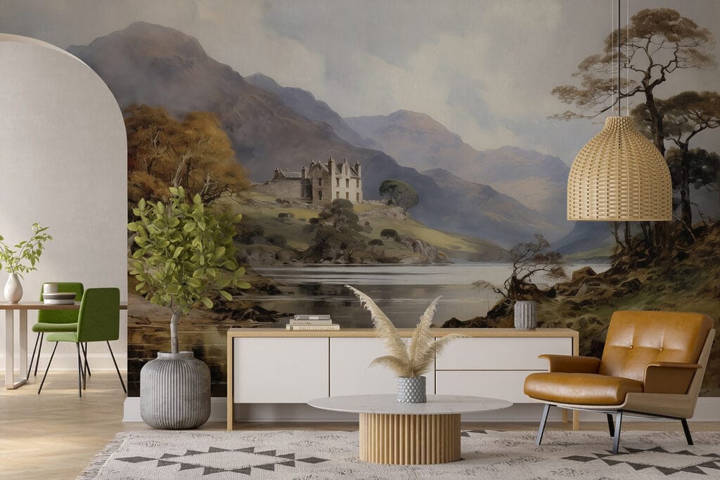 Watercolor painting of a castle on a hill with trees and mountains Watercolor painting of a castle on a hill with trees and mountains