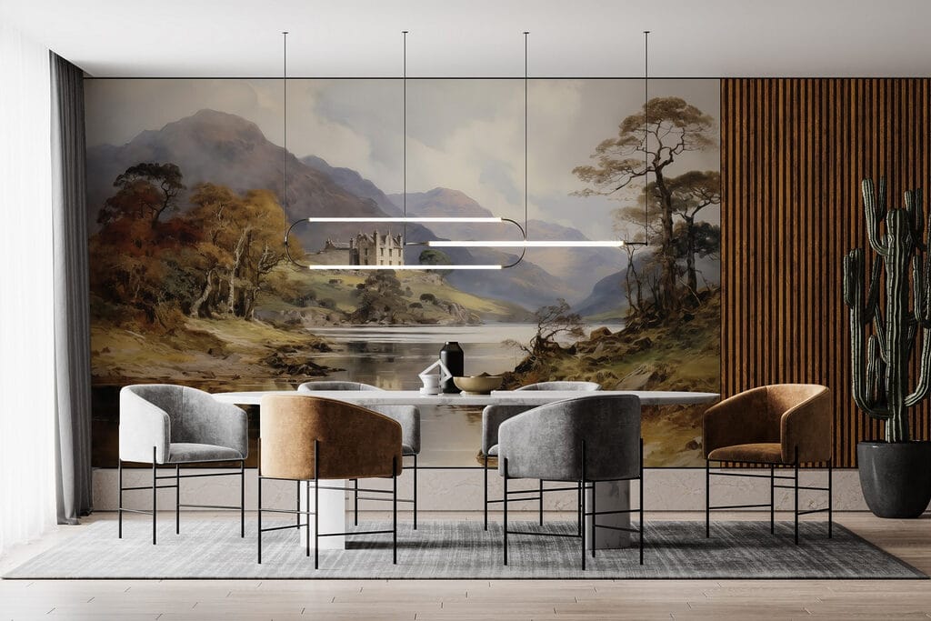 Watercolor painting of a castle on a hill with trees and mountains Watercolor painting of a castle on a hill with trees and mountains