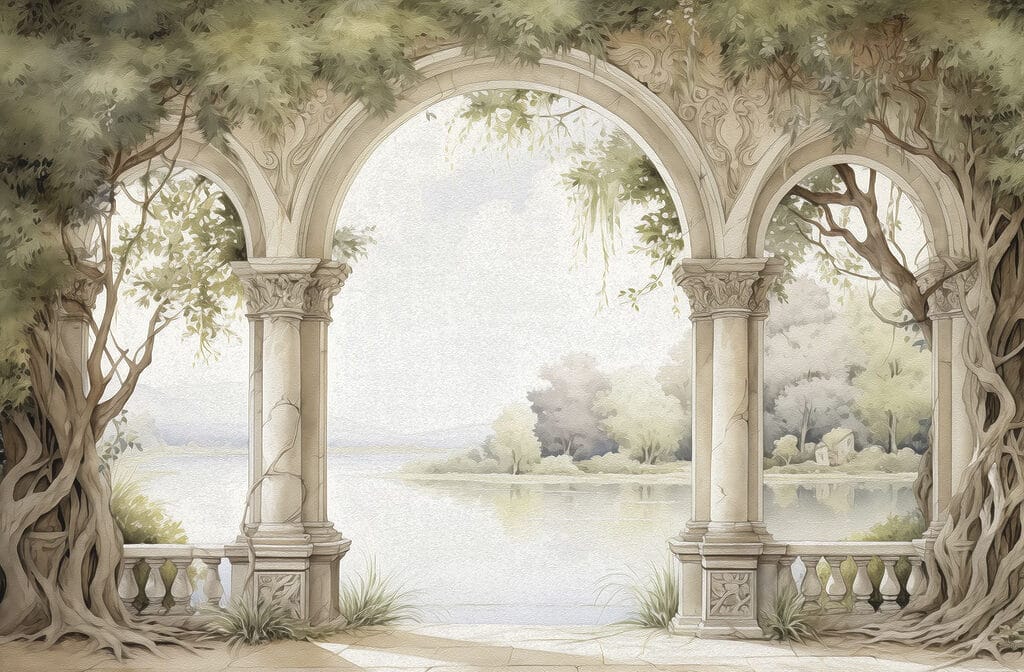 Pintura en acuarela de un arco de piedra con árboles y un lago Pintura en acuarela de un arco de piedra con árboles y un lago