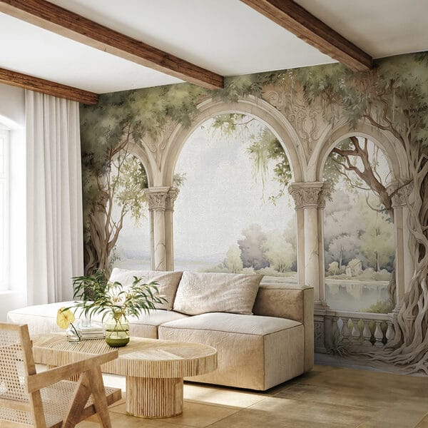 Pintura en acuarela de un arco de piedra con árboles y un lago Pintura en acuarela de un arco de piedra con árboles y un lago