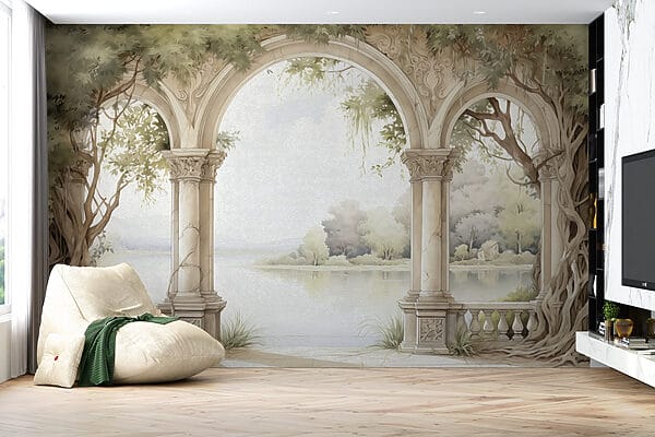 Pintura en acuarela de un arco de piedra con árboles y un lago Pintura en acuarela de un arco de piedra con árboles y un lago