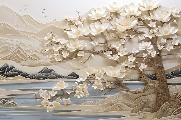Árbol con flores blancas y montañas Árbol con flores blancas y montañas