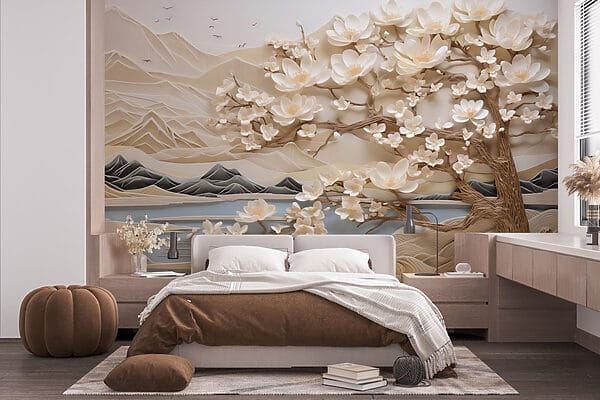Árbol con flores blancas y montañas Árbol con flores blancas y montañas