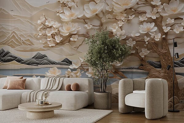 Árbol con flores blancas y montañas Árbol con flores blancas y montañas