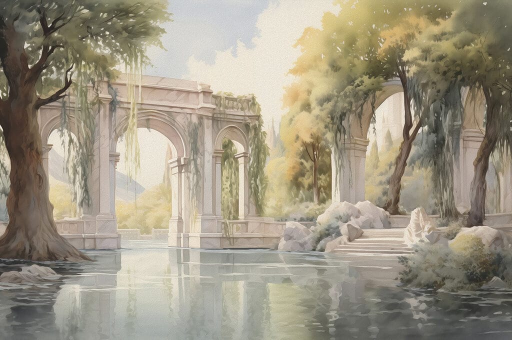 Water with trees and arches