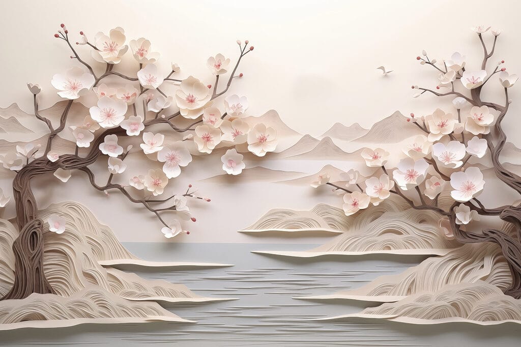 Recorte de papel de un árbol con flores y agua Recorte de papel de un árbol con flores y agua