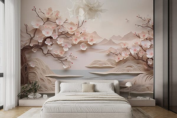 Recorte de papel de un árbol con flores y agua Recorte de papel de un árbol con flores y agua