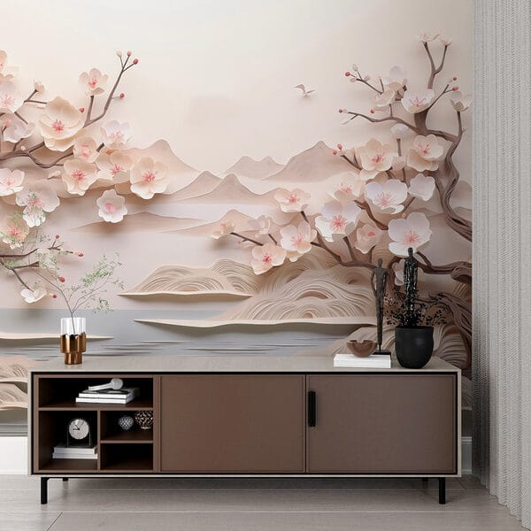 Recorte de papel de un árbol con flores y agua Recorte de papel de un árbol con flores y agua