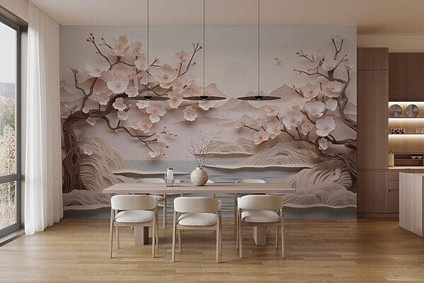 Recorte de papel de un árbol con flores y agua Recorte de papel de un árbol con flores y agua