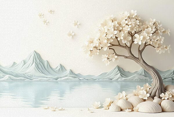 Árbol con flores y rocas junto al agua Árbol con flores y rocas junto al agua