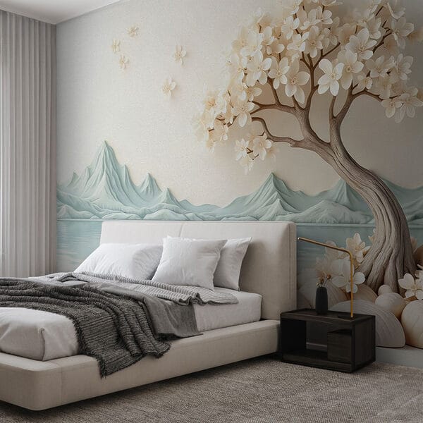 Árbol con flores y rocas junto al agua Árbol con flores y rocas junto al agua