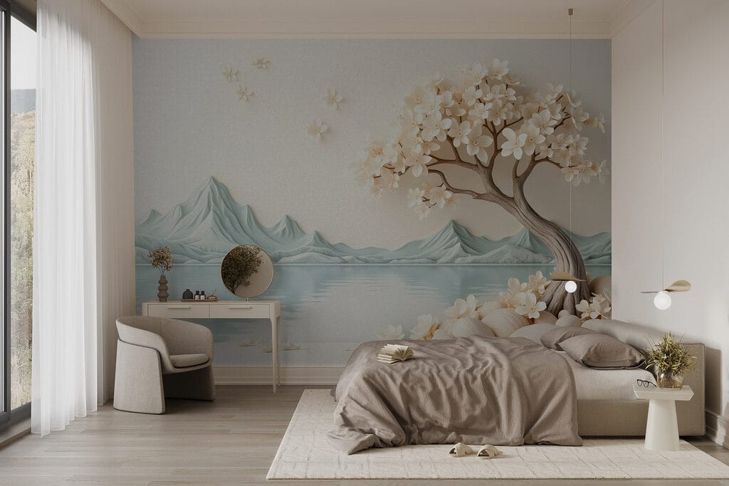 Tree with flowers and rocks next to water