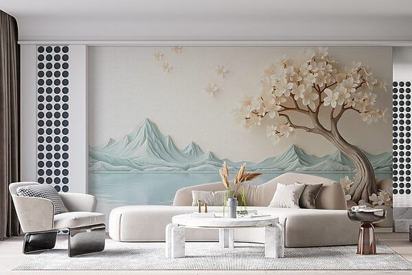Árbol con flores y rocas junto al agua Árbol con flores y rocas junto al agua
