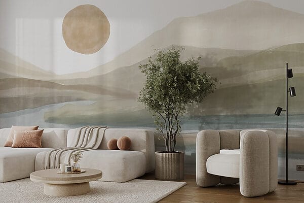 Fotomurales Fotomurales Acuarela de un río y montañas (SKU: w08702)