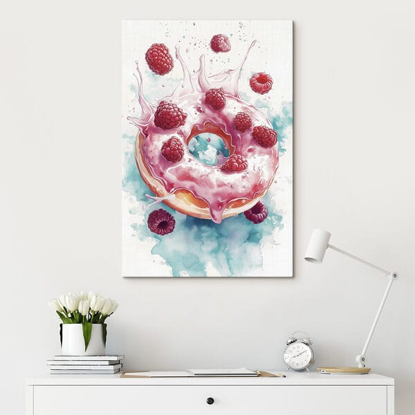 Painting of a donut with raspberries and milk splashing