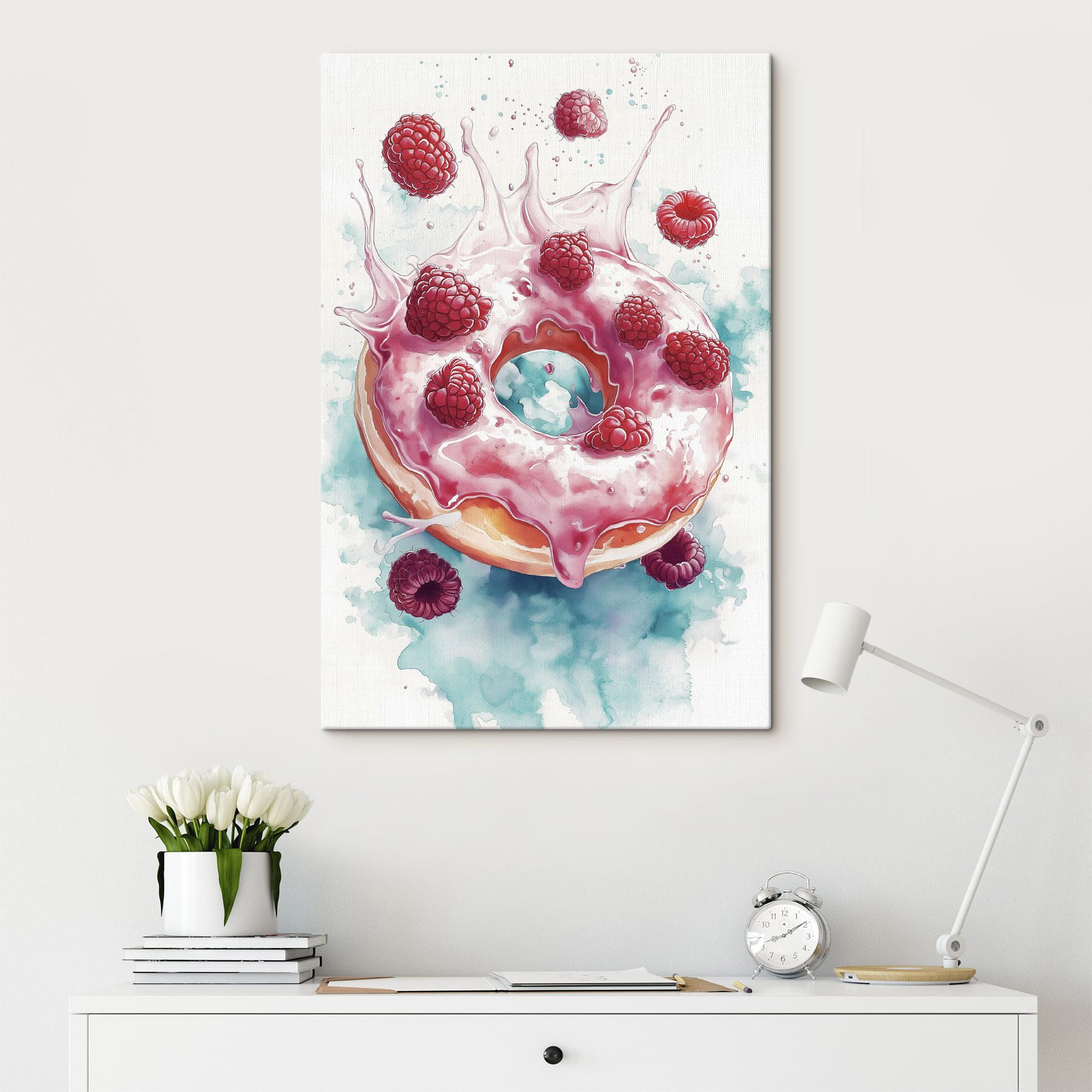 Painting of a donut with raspberries and milk splashing