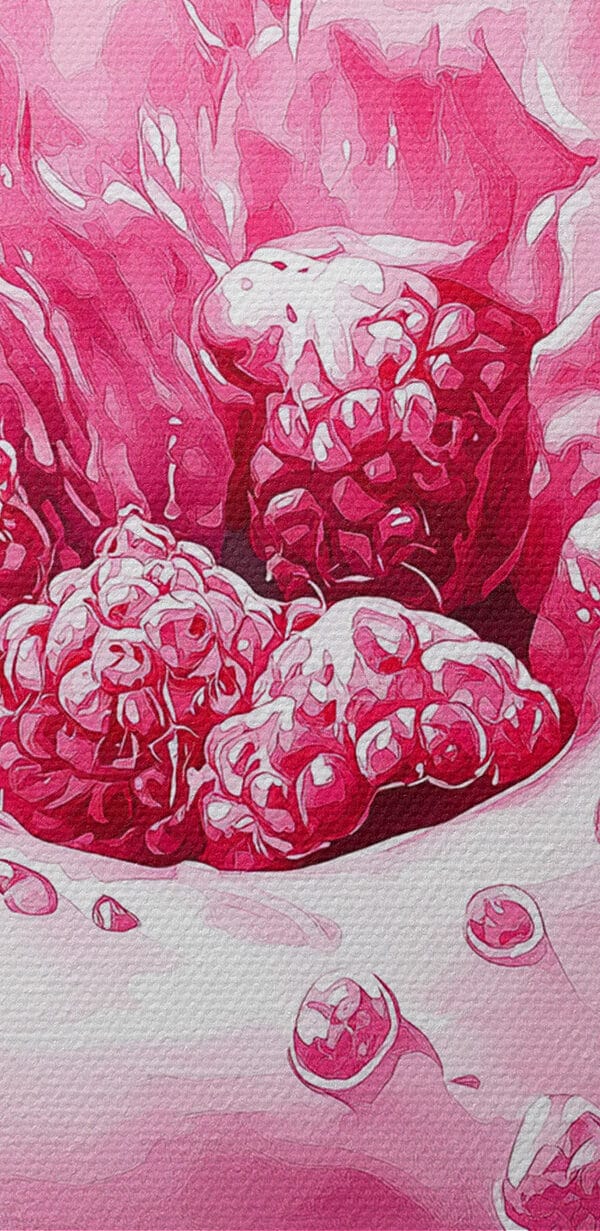 Donut with pink frosting and raspberries splashing into a white plate Donut with pink frosting and raspberries splashing into a white plate