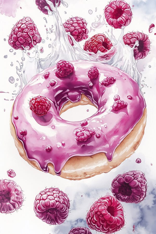 Painting of a donut with raspberries