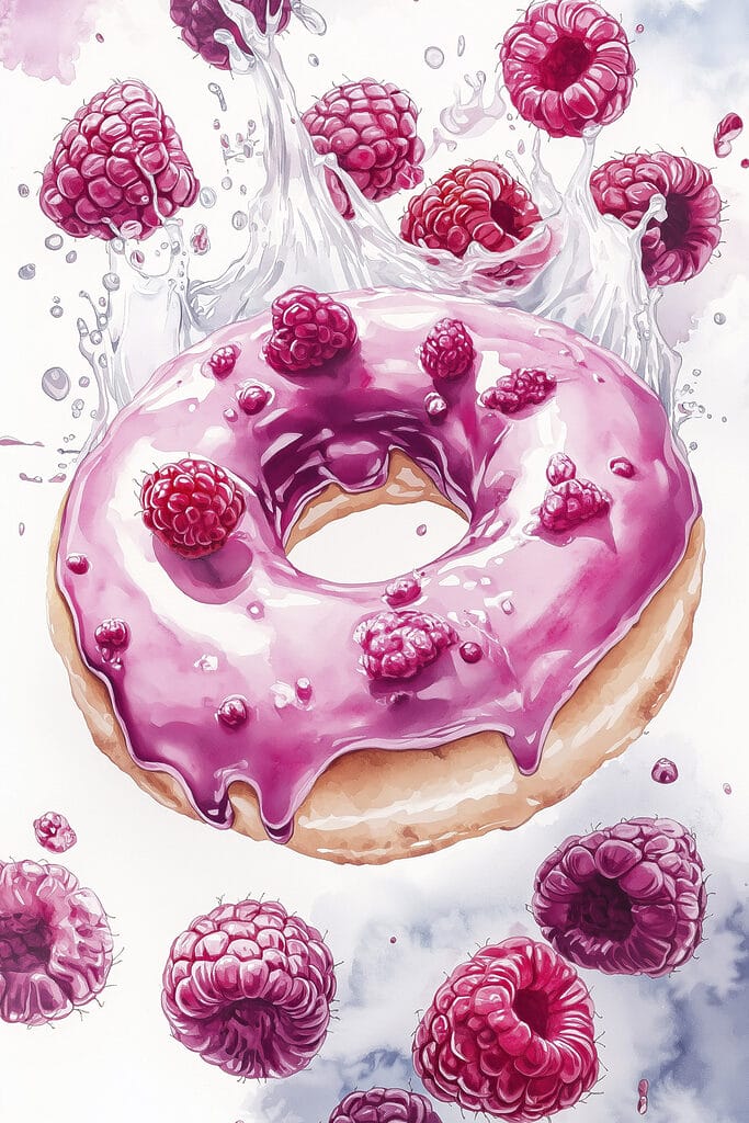 Painting of a donut with raspberries