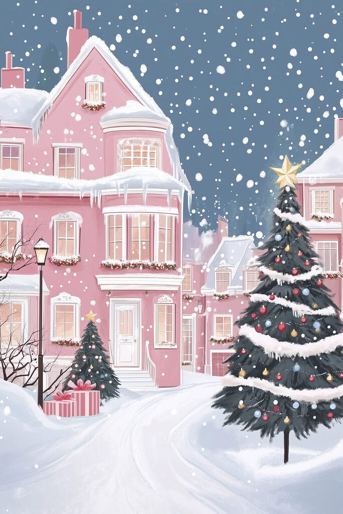 Christmas tree in front of a pink house Christmas tree in front of a pink house