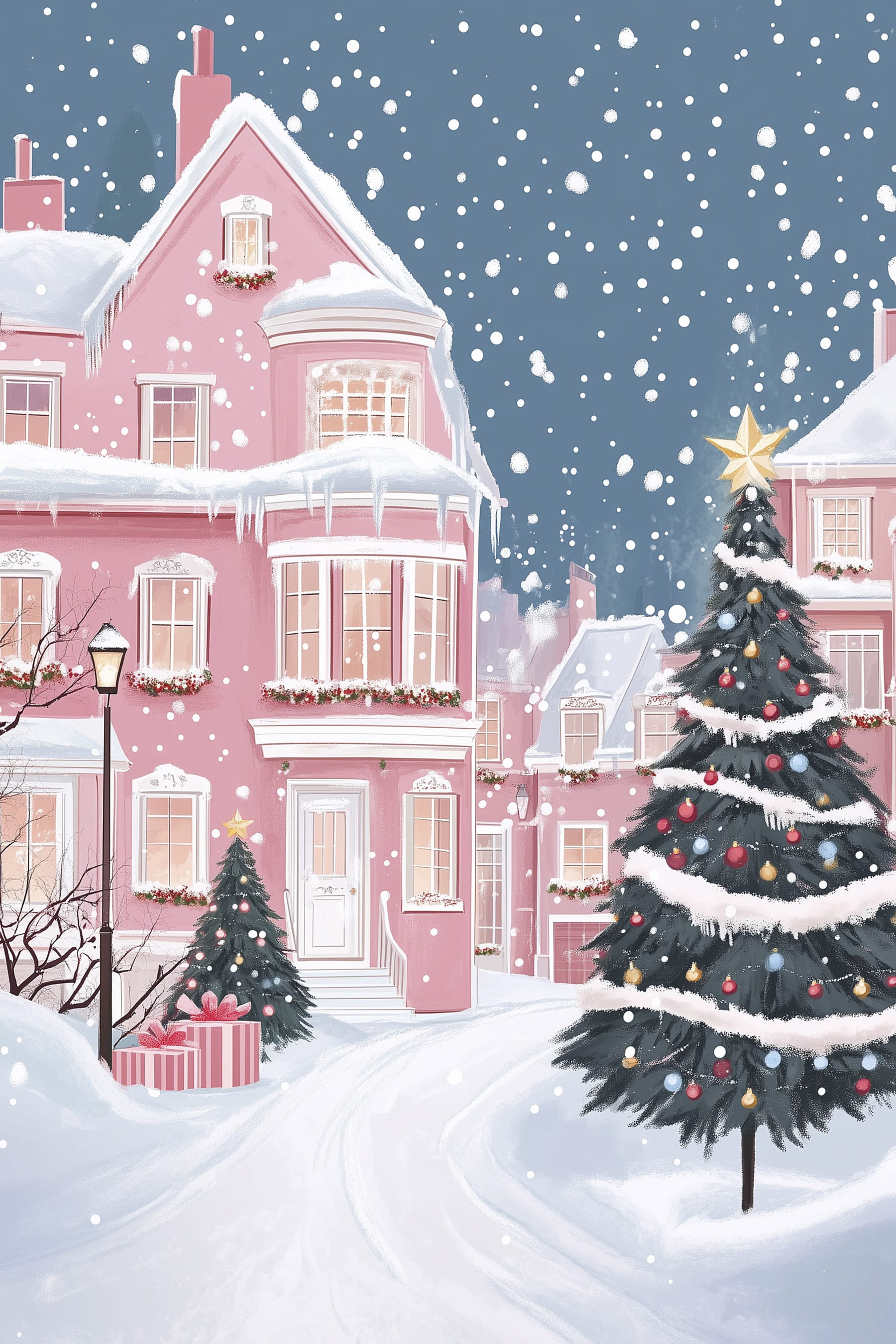 Christmas tree in front of a pink house Christmas tree in front of a pink house