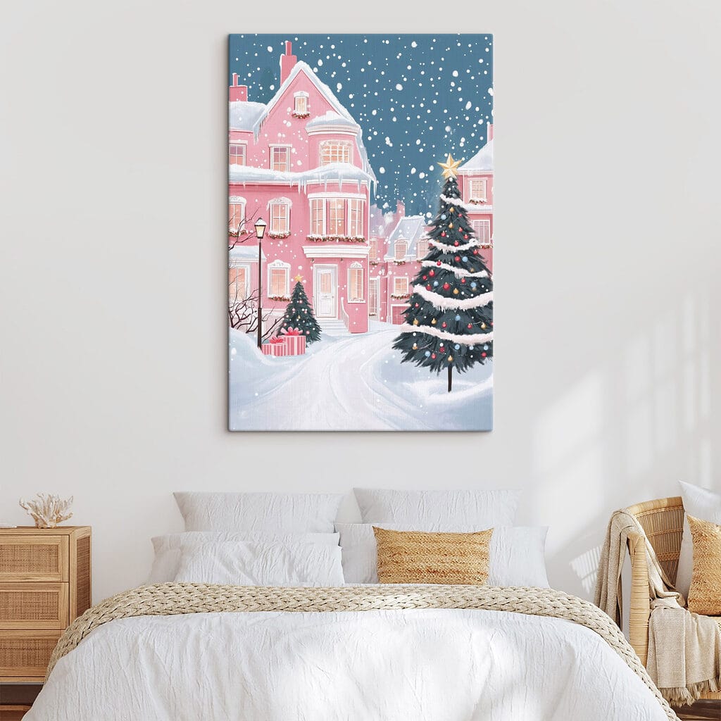 Christmas tree in front of a pink house Christmas tree in front of a pink house