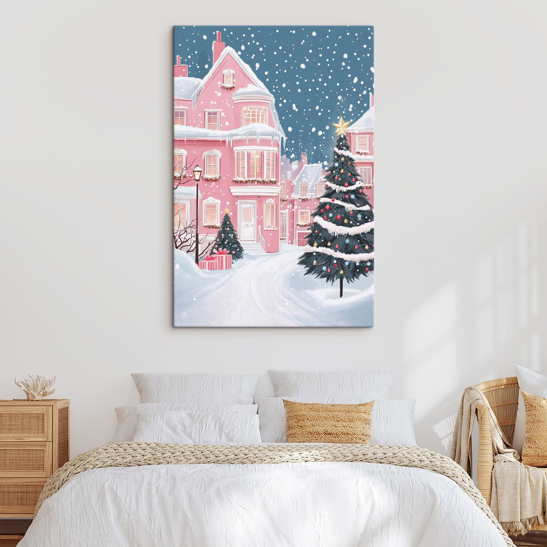 Christmas tree in front of a pink house Christmas tree in front of a pink house