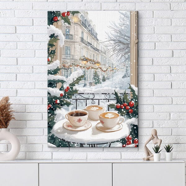 Un par de tazas de café en un balcón con nieve y edificios Cuadros Un par de tazas de café en un balcón con nieve y edificios
