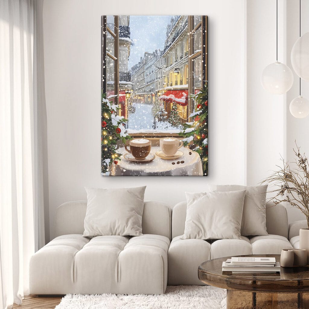 Window with two cups of coffee and trees in front of a street