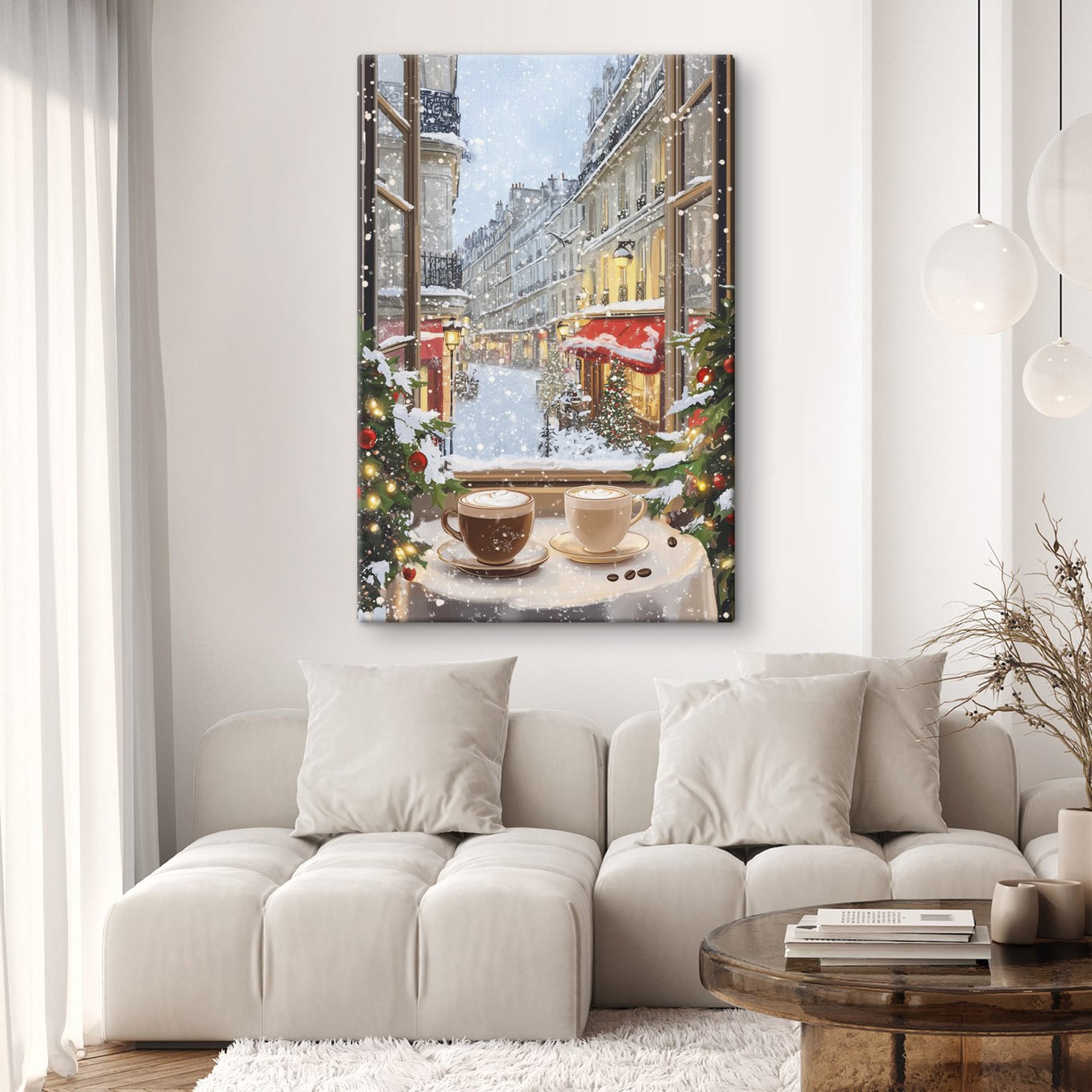 Window with two cups of coffee and trees in front of a street