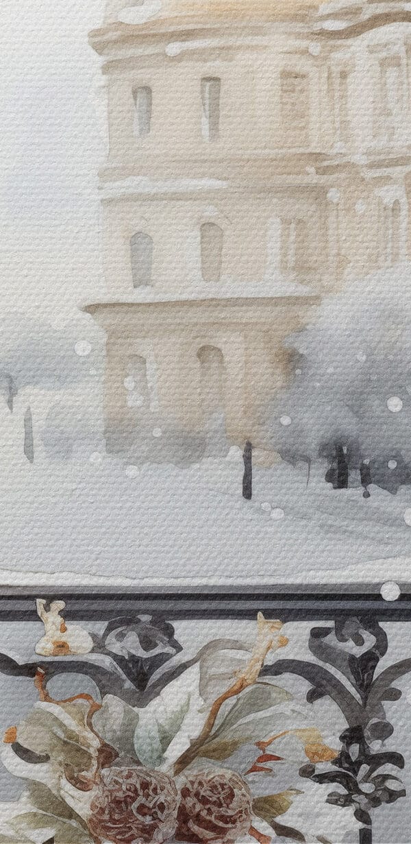 Table with cups and a vase of flowers on it with a snowy landscape