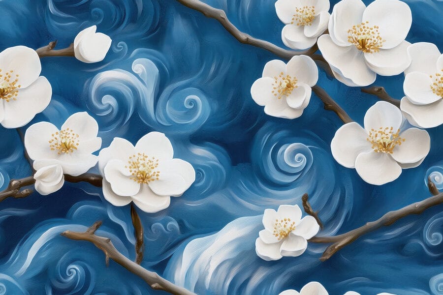 Delicadas flores danzando sobre olas azules