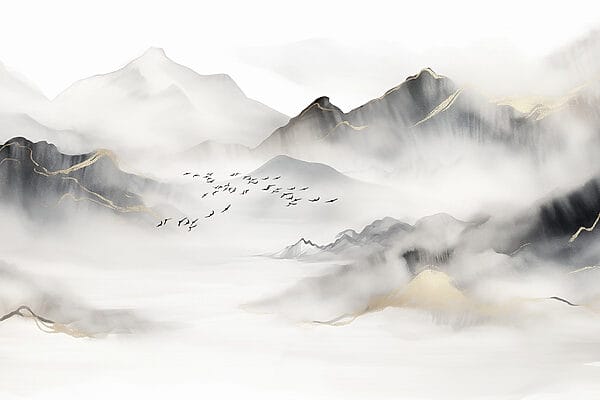 Birds flying in the clouds