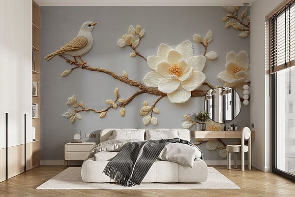 Pájaro en una rama con flores Pájaro en una rama con flores