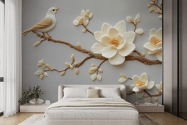 Pájaro en una rama con flores Pájaro en una rama con flores