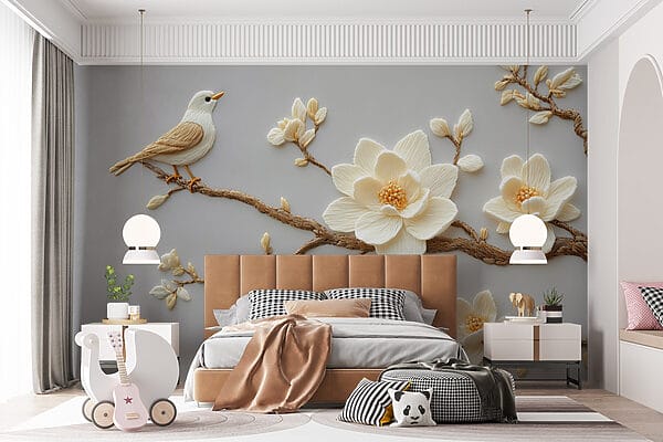 Pájaro en una rama con flores Pájaro en una rama con flores