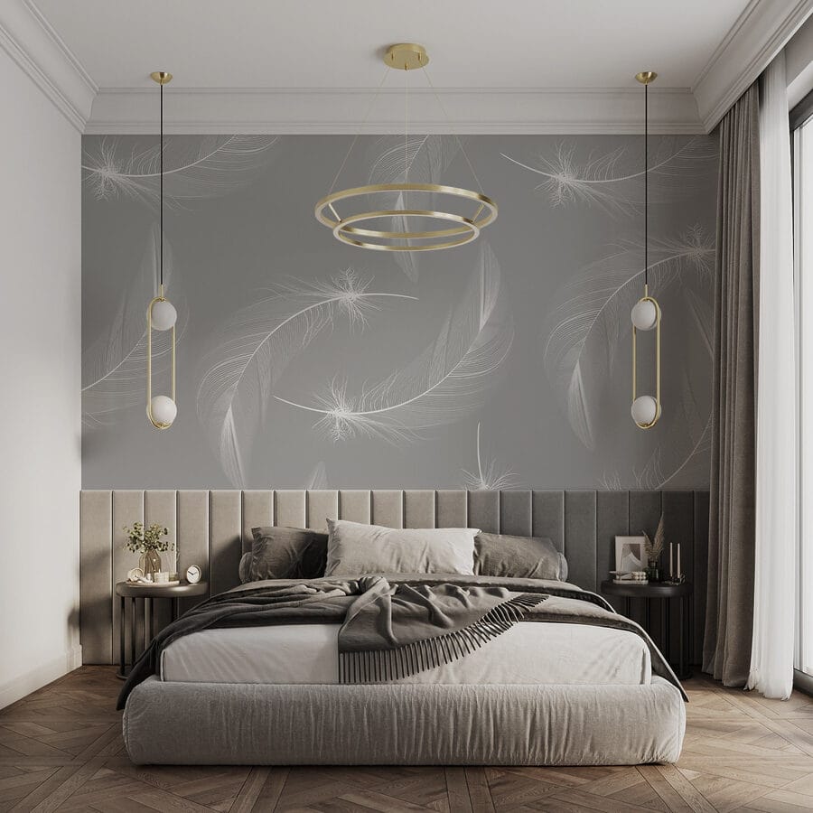 Plumas blancas sobre fondo gris