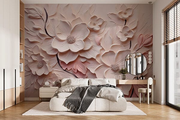 Fotomurales Fotomurales Flores blancas y rosas sobre una superficie blanca (SKU: w03038)