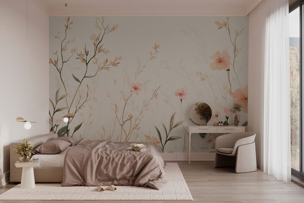 Wallpaper with flowers and leaves