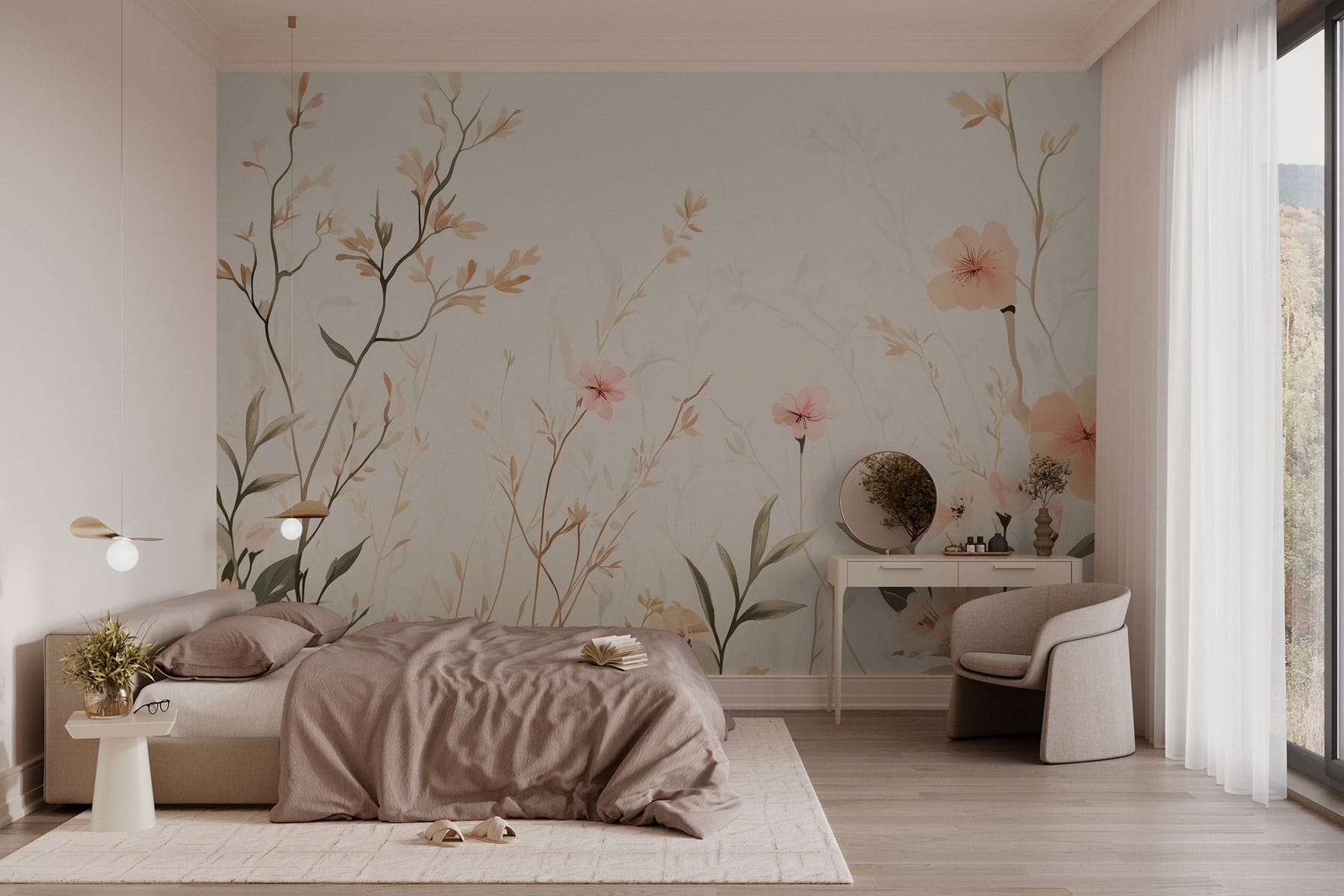 Wallpaper with flowers and leaves