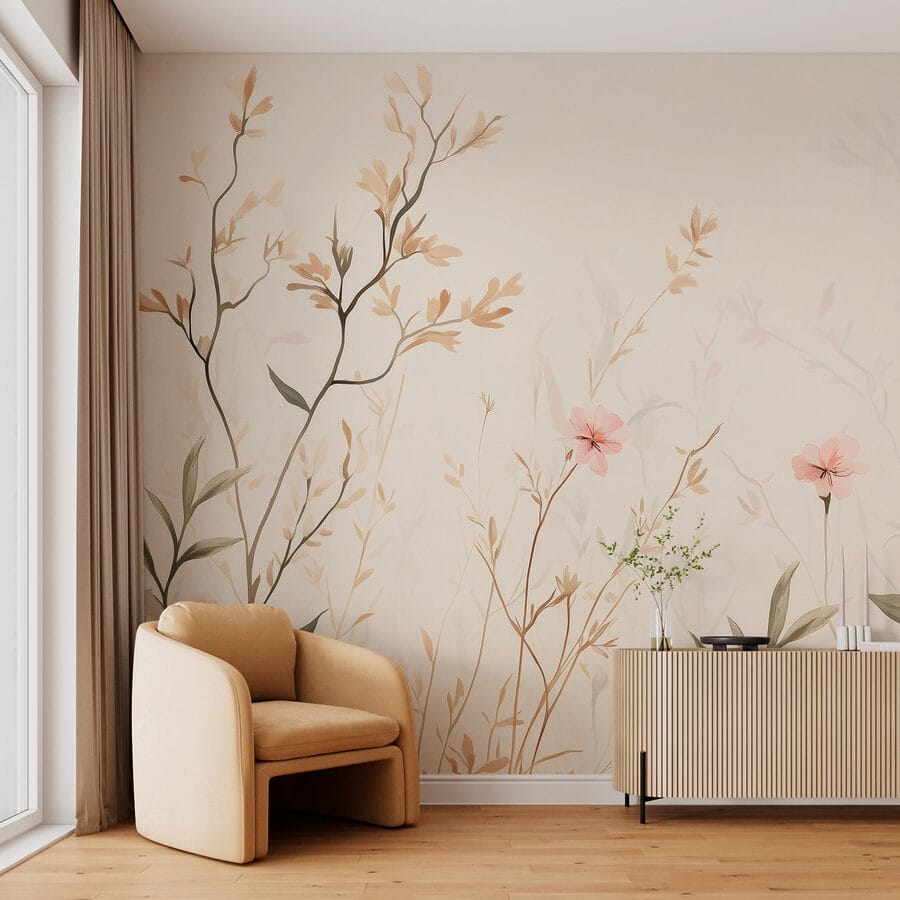 Papel pintado con flores y hojas