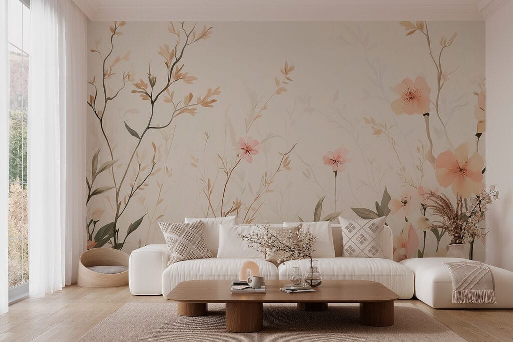 Wallpaper with flowers and leaves