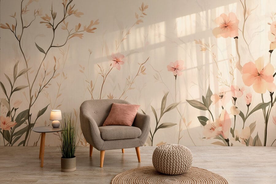Papel pintado con flores y hojas
