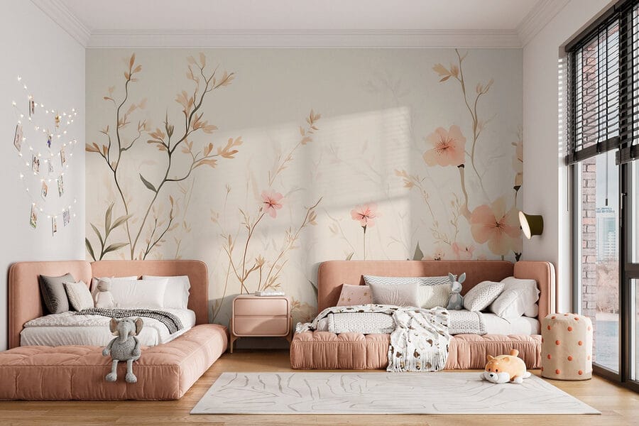 Papel pintado con flores y hojas